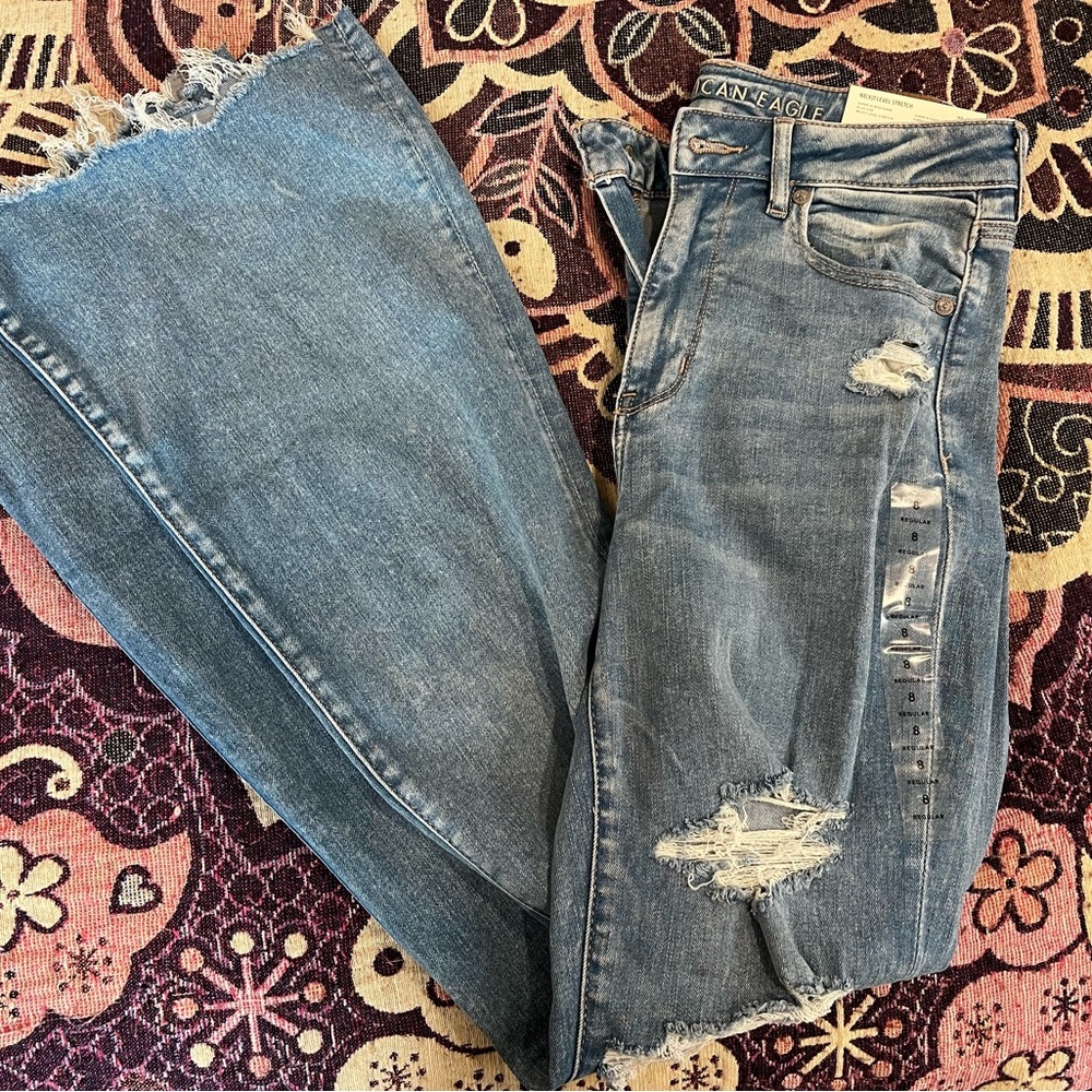 American Eagle Super High Rise Distressed Flare